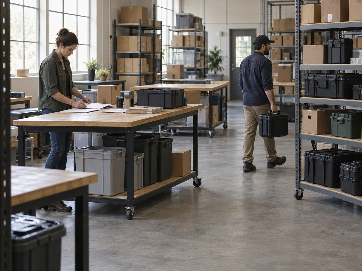 Staff organizing paperwork and carrying an equipment case in a stocked business workspace.