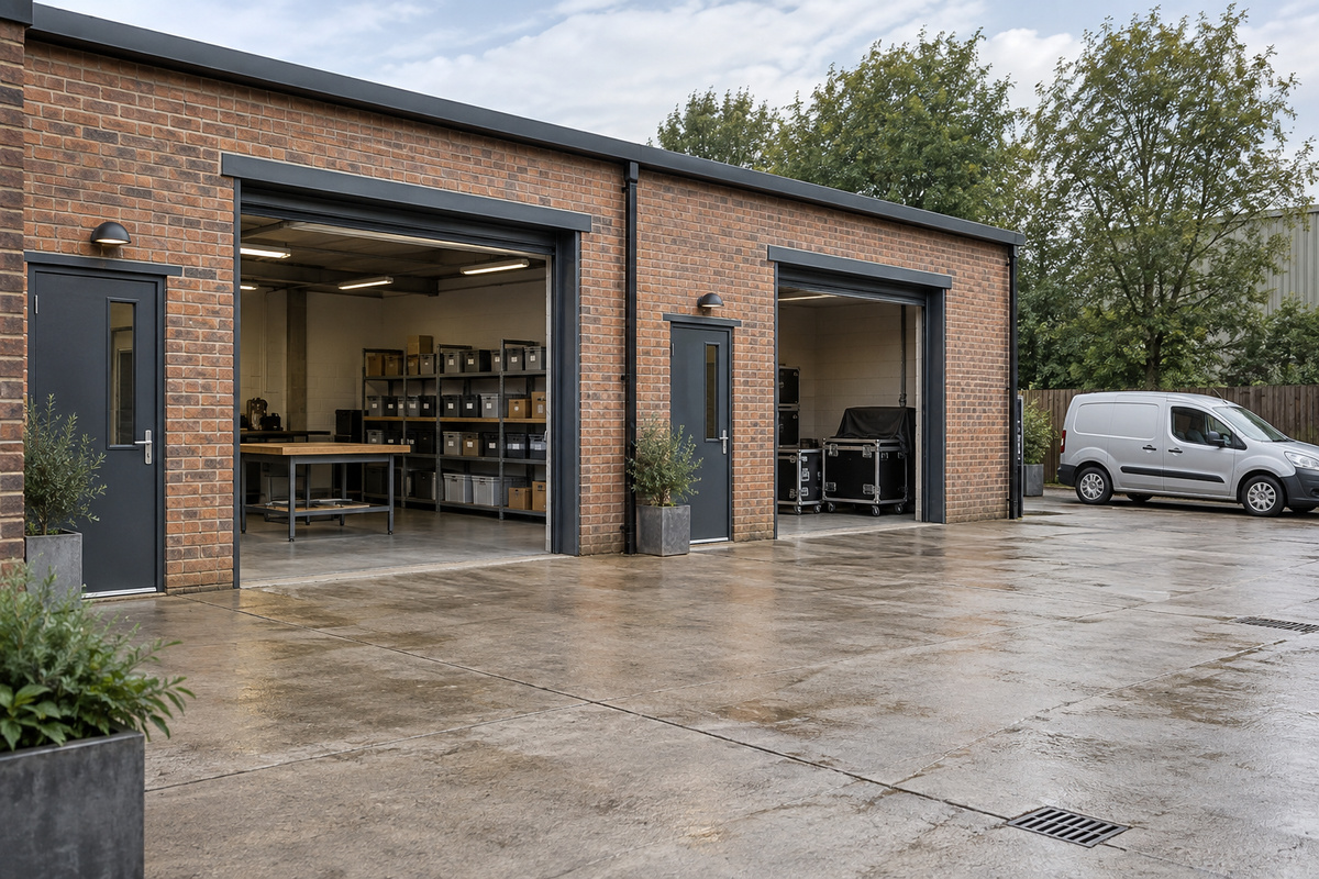 Commercial work units opening onto a paved courtyard, with stored equipment and a parked van.